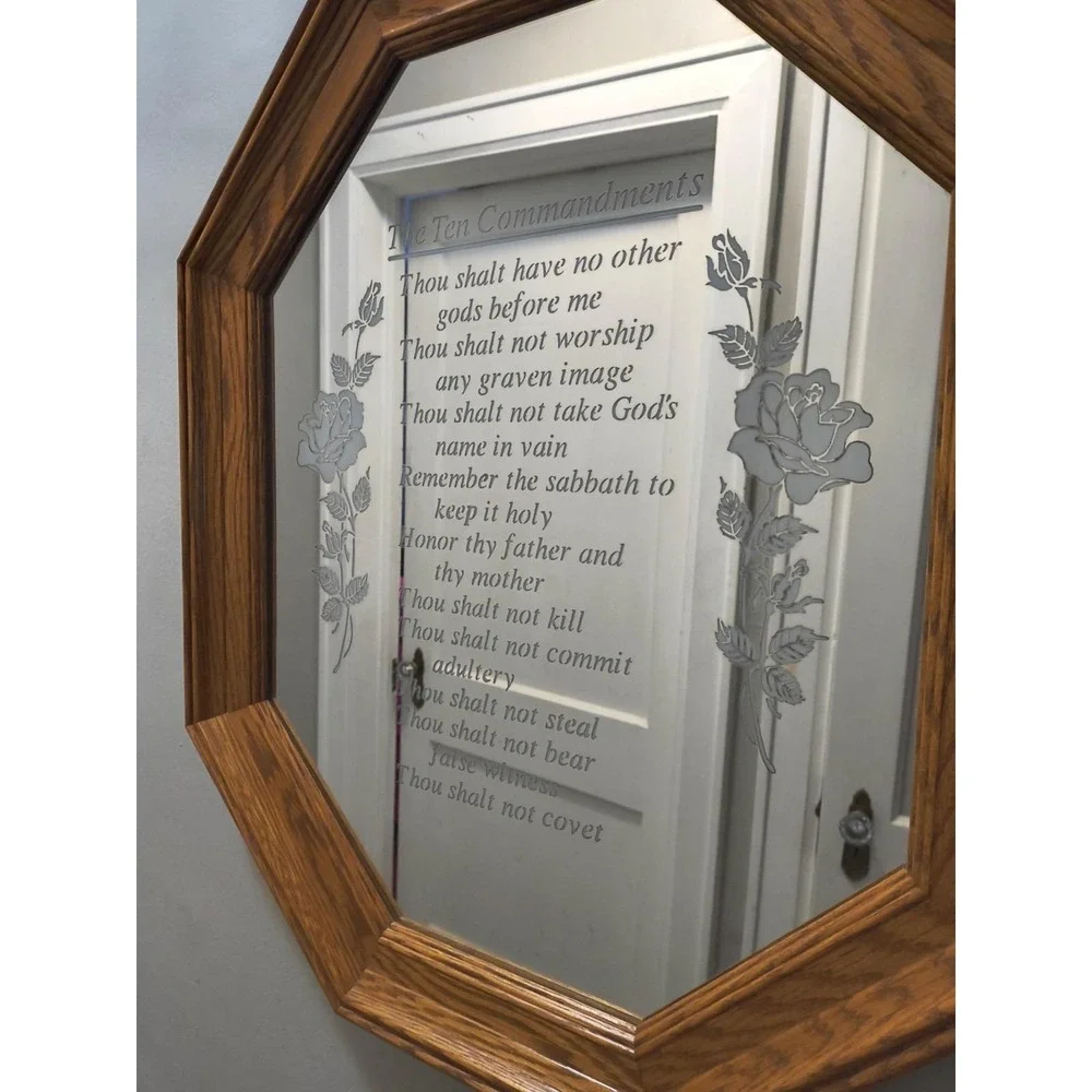VTG 1980s Octagonal Oak Framed Mirror Etched Glass Ten Commandments Floral Roses